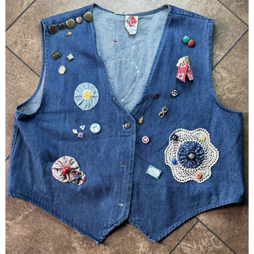 Vintage Denim Vest Blue Jean Brass Buttons/Pins/Embellished Floral/Festival Core